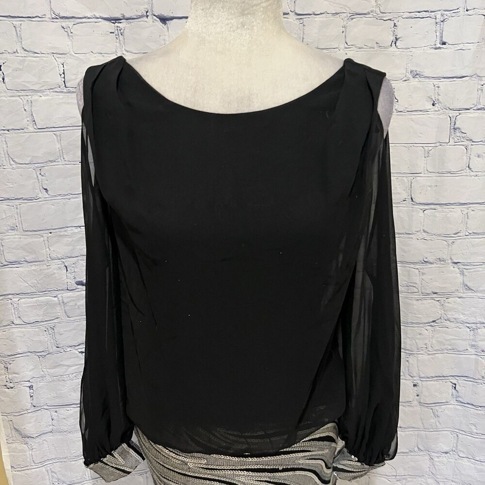 Caché Mini cocktail dress Sheer Bodice Sequin Skirt Cold shoulder SIZE 2 Black